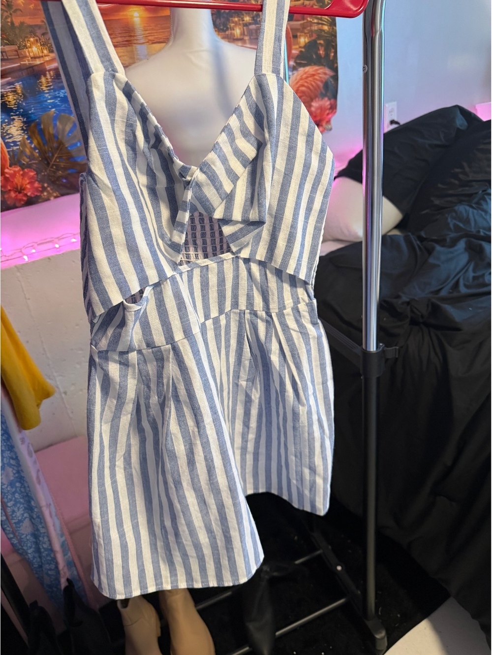 Blue & White Striped Cutout Romper Size Small Smocked Back Coastal